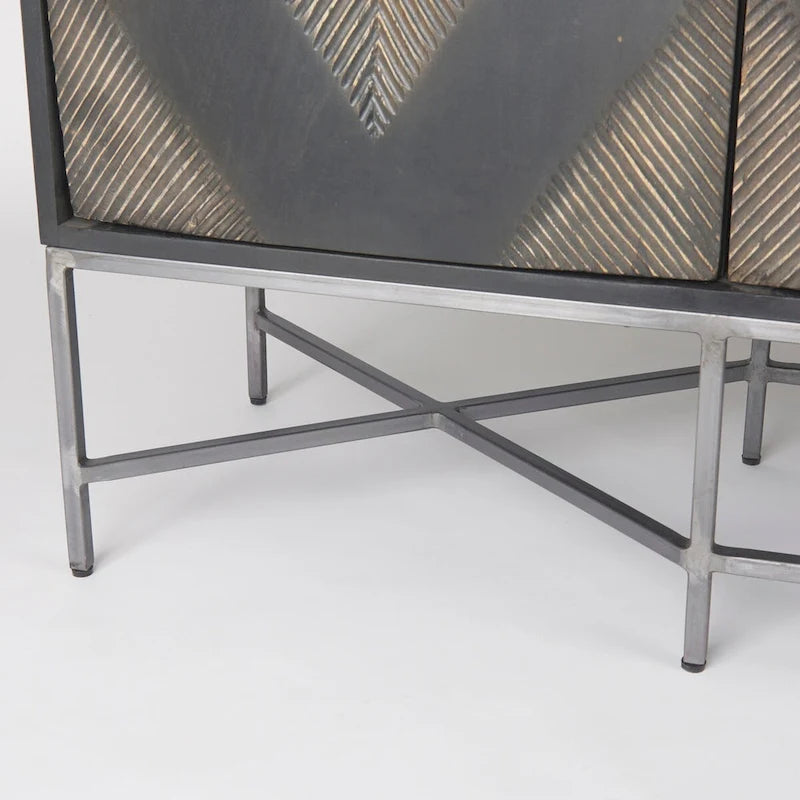 Two-Tone Brown Solid Wood Base Silver Frame 4 Cabinet Sideboard