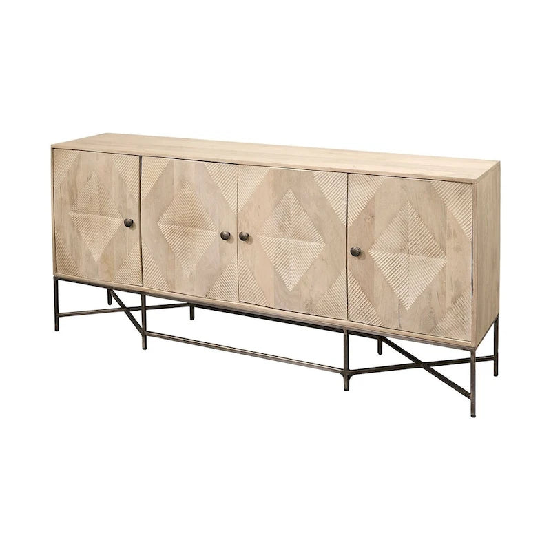 Two-Tone Brown Solid Wood Base Silver Frame 4 Cabinet Sideboard
