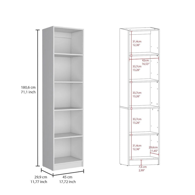 Home Xs Bookcase with 5-Tier Shelves and Slim Design -White -Office
