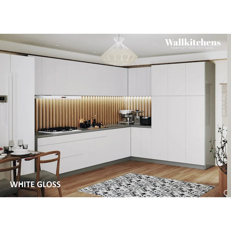 Kitchen — High-Gloss White Base Cabinets; Width: 12 feet (144" x 102")