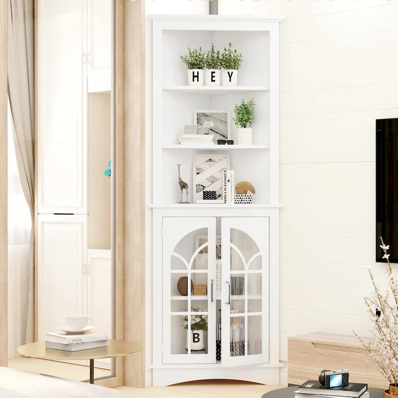 Corner Storage Cabinet, 63.3 Tall Freestanding Bookcase with Doors & Adjustable Shelves, 5-Tier Corner Display Cabinet