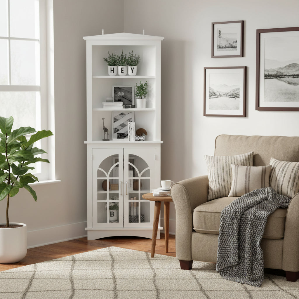 Corner Storage Cabinet, 63.3 Tall Freestanding Bookcase with Doors & Adjustable Shelves, 5-Tier Corner Display Cabinet