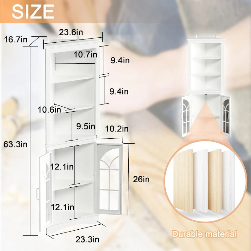 Corner Storage Cabinet, 63.3 Tall Freestanding Bookcase with Doors & Adjustable Shelves, 5-Tier Corner Display Cabinet