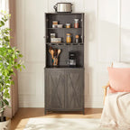 Coffee Bar Cabinet — Wooden Storage Cabinet with Microwave Shelf, Metal Frame, and Open-Design Barn Doors