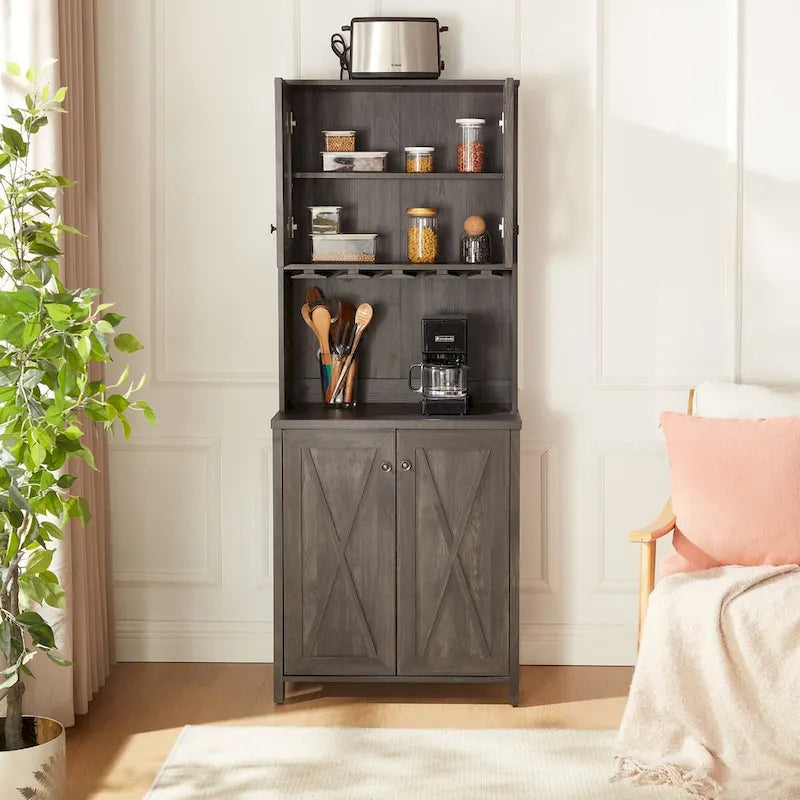Coffee Bar Cabinet — Wooden Storage Cabinet with Microwave Shelf, Metal Frame, and Open-Design Barn Doors