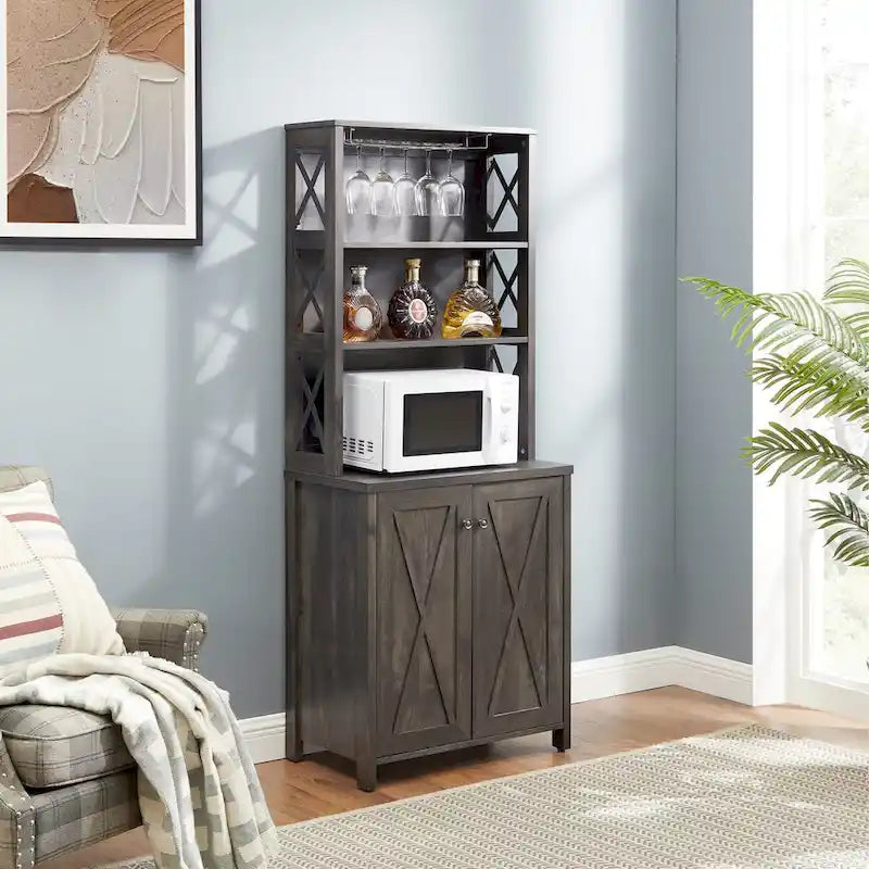 Coffee Bar Cabinet — Wooden Storage Cabinet with Microwave Shelf, Metal Frame, and Open-Design Barn Doors