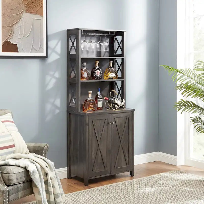 Coffee Bar Cabinet — Wooden Storage Cabinet with Microwave Shelf, Metal Frame, and Open-Design Barn Doors