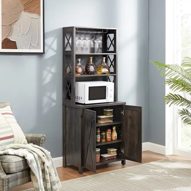 Coffee Bar Cabinet — Wooden Storage Cabinet with Microwave Shelf, Metal Frame, and Open-Design Barn Doors
