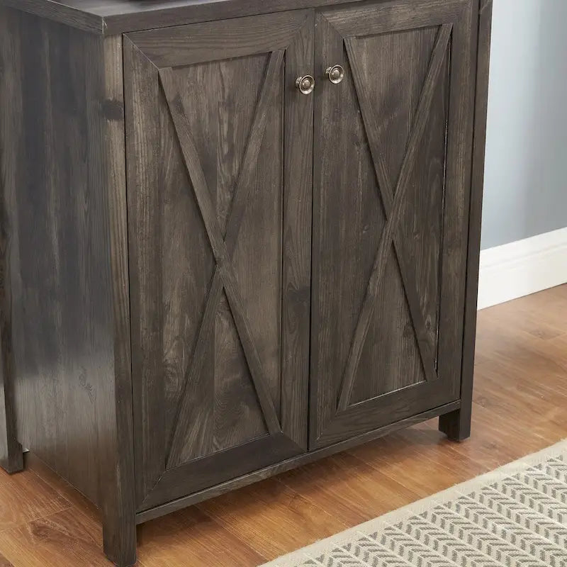 Coffee Bar Cabinet — Wooden Storage Cabinet with Microwave Shelf, Metal Frame, and Open-Design Barn Doors