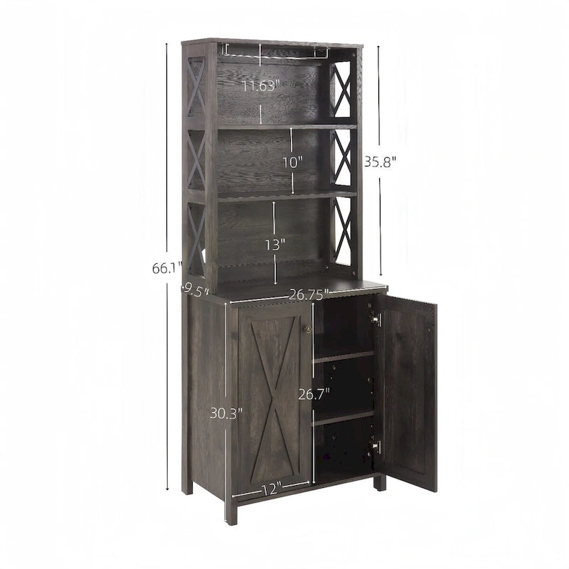 Coffee Bar Cabinet — Wooden Storage Cabinet with Microwave Shelf, Metal Frame, and Open-Design Barn Doors