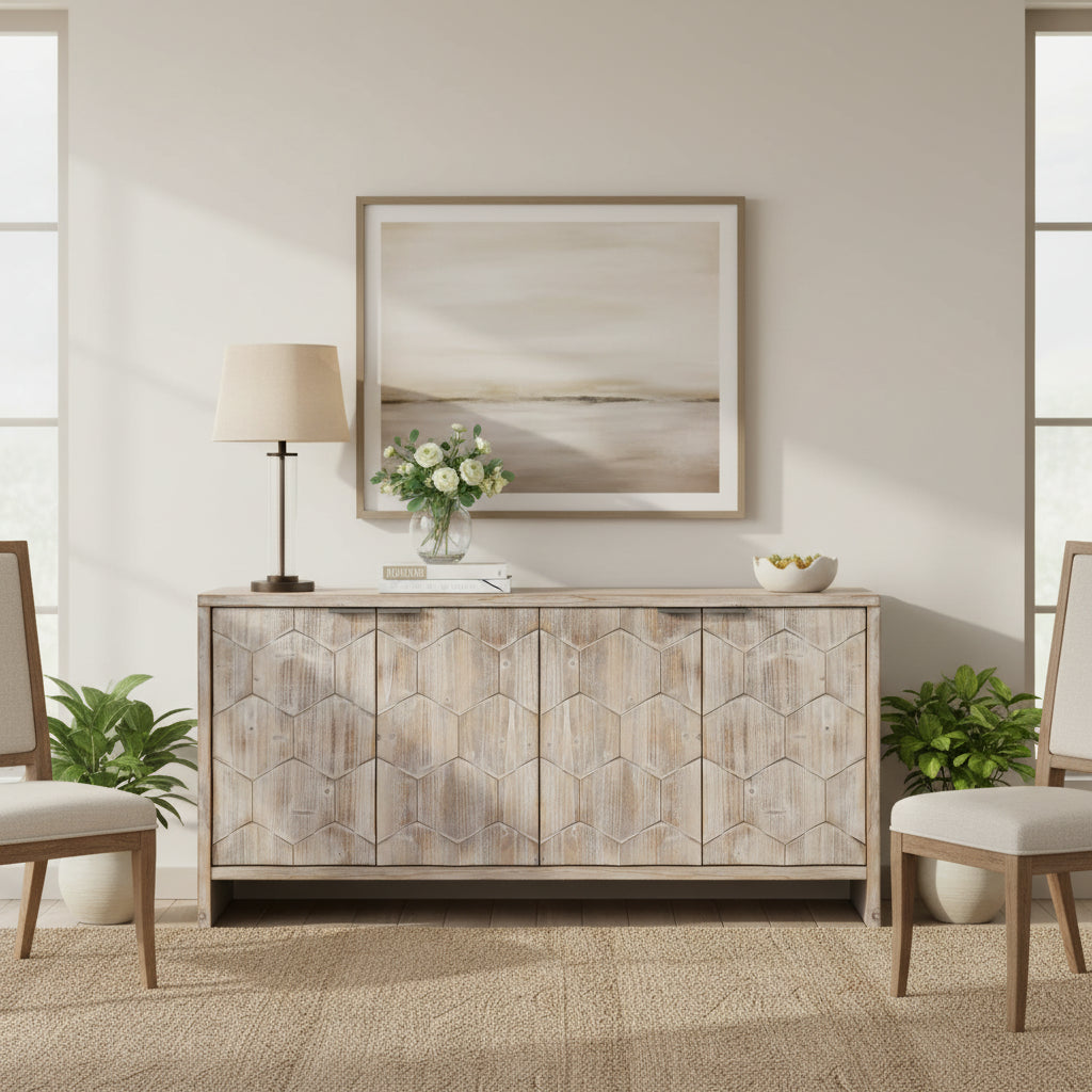 Accent Cabinet Farmhouse Style 4 Door Wooden Cabinet Sideboard Buffet Server Cabinet Storage Cabinet, for Living Room, Entryway