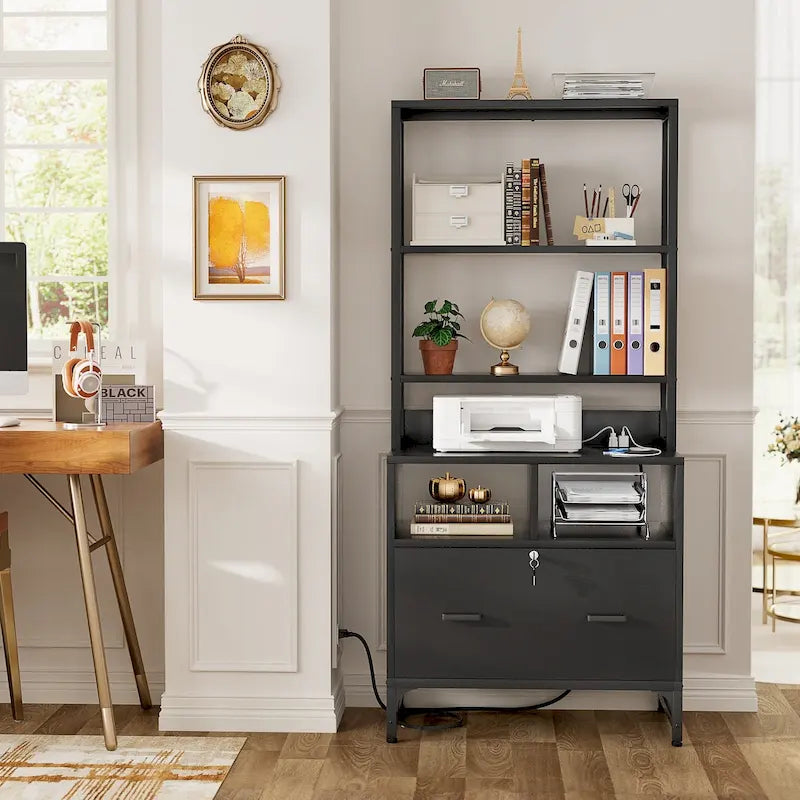 61H Office File Cabinet with Locked Drawers and Hutch, Sideboard with USB Station and Hutch