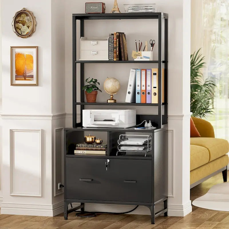 61H Office File Cabinet with Locked Drawers and Hutch, Sideboard with USB Station and Hutch
