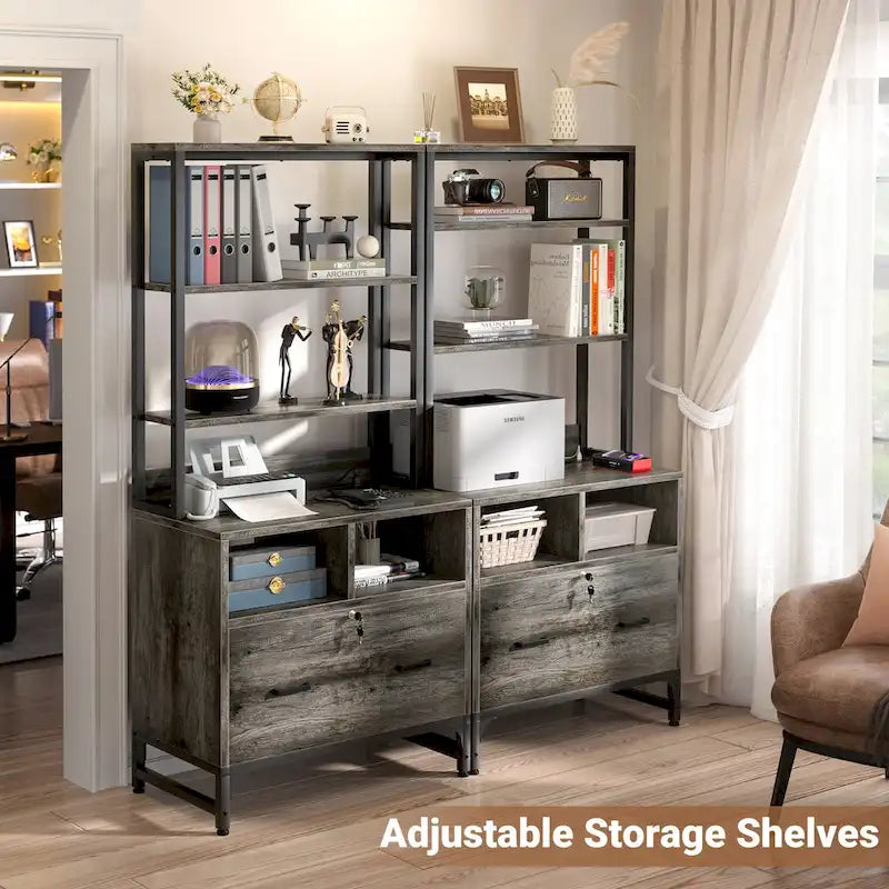 61H Office File Cabinet with Locked Drawers and Hutch, Sideboard with USB Station and Hutch