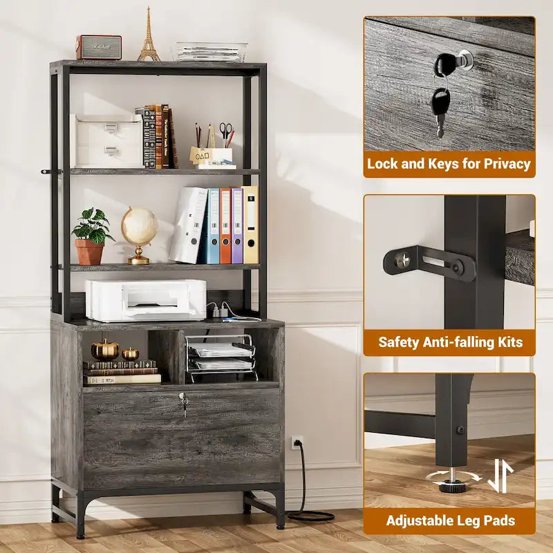 61H Office File Cabinet with Locked Drawers and Hutch, Sideboard with USB Station and Hutch