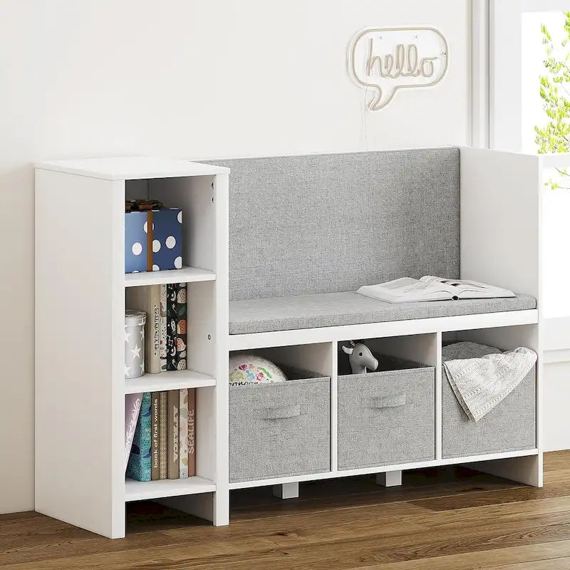 Kids Bookshelf with Reading Nook, Toddler Bookcase Bench and Toy Storage Organizer with Seat and Back Cushion