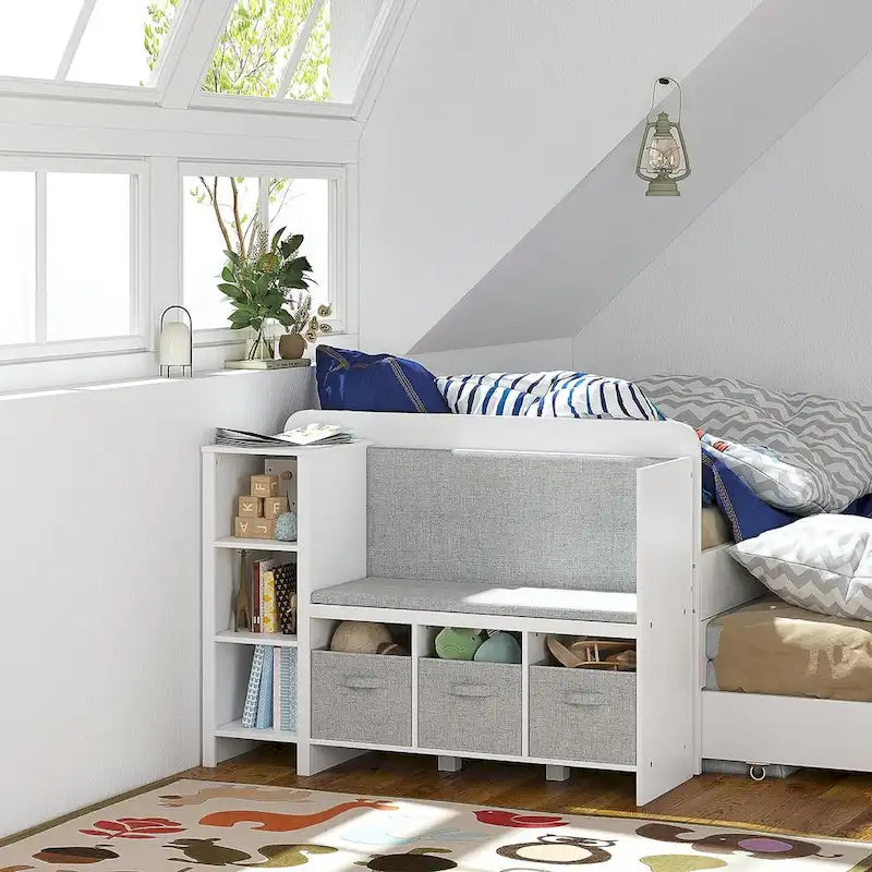 Kids Bookshelf with Reading Nook, Toddler Bookcase Bench and Toy Storage Organizer with Seat and Back Cushion