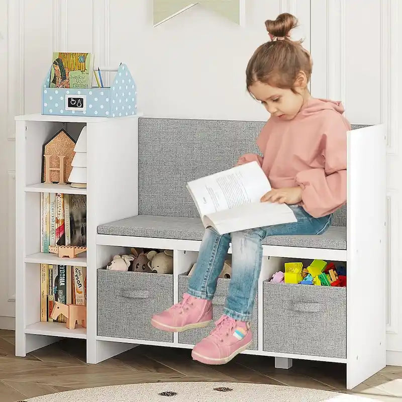 Kids Bookshelf with Reading Nook, Toddler Bookcase Bench and Toy Storage Organizer with Seat and Back Cushion