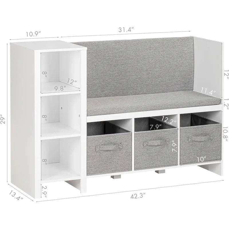 Kids Bookshelf with Reading Nook, Toddler Bookcase Bench and Toy Storage Organizer with Seat and Back Cushion