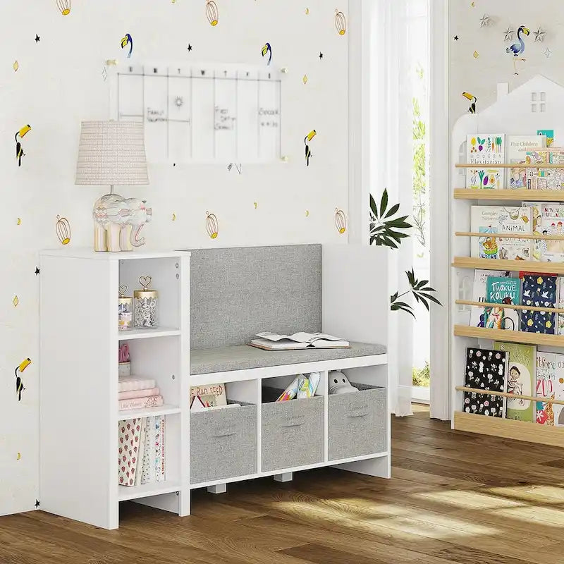 Kids Bookshelf with Reading Nook, Toddler Bookcase Bench and Toy Storage Organizer with Seat and Back Cushion