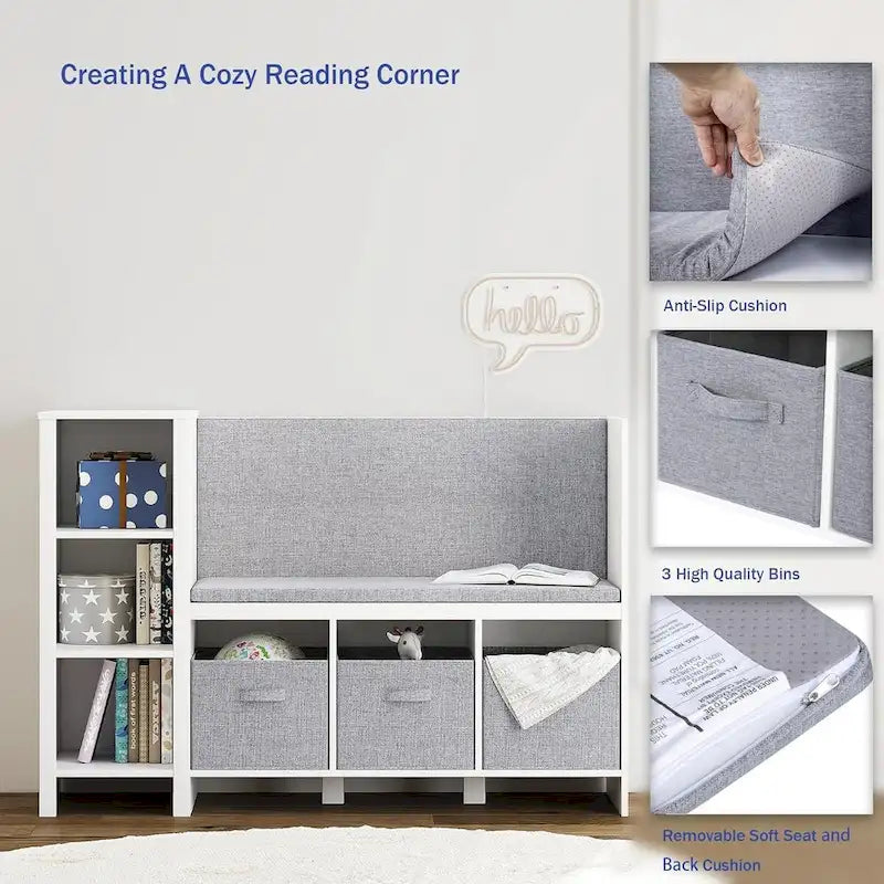 Kids Bookshelf with Reading Nook, Toddler Bookcase Bench and Toy Storage Organizer with Seat and Back Cushion