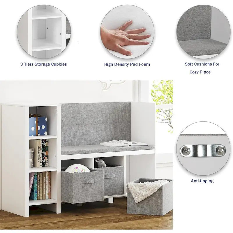 Kids Bookshelf with Reading Nook, Toddler Bookcase Bench and Toy Storage Organizer with Seat and Back Cushion