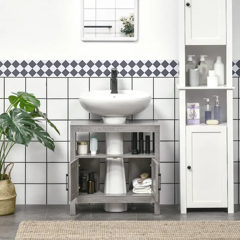 Pedestal Sink Storage Cabinet, Bathroom Under Sink Cabinet with 2 Doors and Open Shelf, Bathroom Vanity, Gray