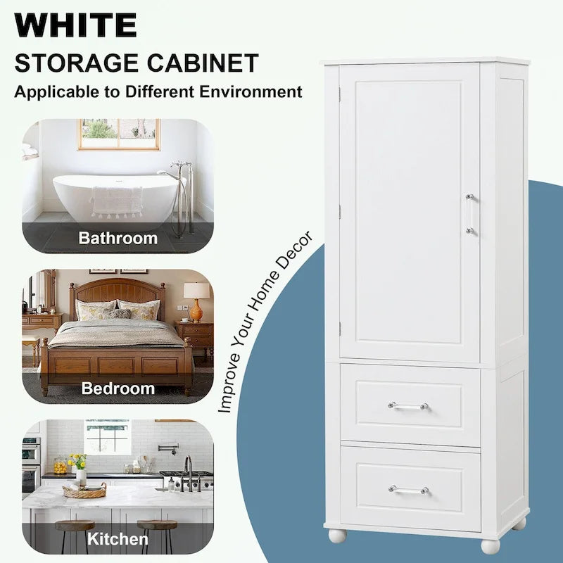 Tall Bathroom Storage Cabinet with Two Drawers and Adjustable Shelf