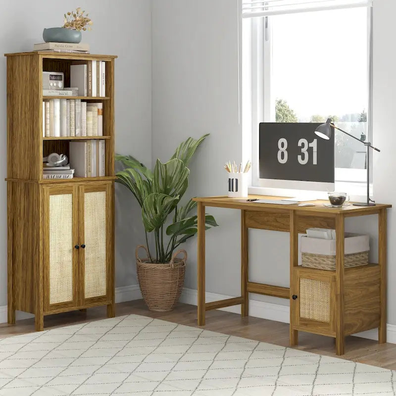 Bookcase with Cabinet and Open Shelves, Tall Bookshelf, Walnut