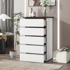 Tall White Dresser for Bedroom, Mid Century Modern Dresser with Drawers, 5 Drawer Dresser with Wood Color Top, Small Dresser