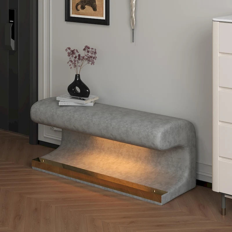 37W Entryway Bench Leather Upholstered Ottoman with LED